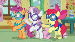 Size: 576x324 | Tagged: safe, screencap, apple bloom, scootaloo, sweetie belle, g4, just for sidekicks, animated, cutie mark crusaders, female, goggles, hub logo