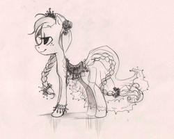 Size: 1257x1008 | Tagged: dead source, safe, artist:my-magic-dream, applejack, earth pony, pony, g4, alternate hairstyle, clothes, dress, female, grayscale, monochrome, saddle, sketch, solo, tack, tiara, traditional art