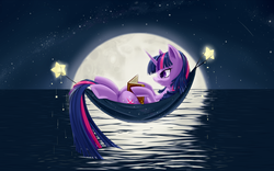Size: 2560x1600 | Tagged: safe, artist:dstears, twilight sparkle, pony, g4, art, book, female, hammock, moon, ocean, reading, solo, stars, tangible heavenly object, wallpaper, water