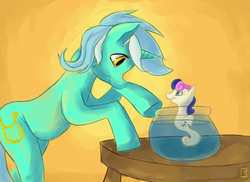 Size: 3300x2400 | Tagged: safe, artist:fauxsquared, bon bon, lyra heartstrings, sweetie drops, pony, sea pony, unicorn, g4, :t, bowl, cute, duo, eye contact, female, fish bowl, looking at each other, mare, seapony bon bon, simple background, smiling, species swap, table, yellow background