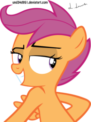 Size: 1500x2002 | Tagged: safe, artist:und34d951, scootaloo, pegasus, pony, g4, sleepless in ponyville, bipedal, bipedal leaning, female, grin, leaning, simple background, smiling, smirk, smugaloo, solo, transparent background, vector