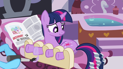 Size: 1280x719 | Tagged: safe, screencap, princess celestia, twilight sparkle, pony, unicorn, g4, ponyville confidential, butt, cakelestia, hoof polish, hoof spongey thing, hooficure, plot, scrunchy face, solo focus, spa, underhoof, unicorn twilight, written equestrian