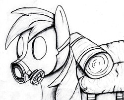 Size: 1280x1039 | Tagged: safe, artist:akkiv, rainbow dash, pony, g4, female, gas mask, mare, monochrome, solo