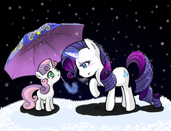 Size: 895x688 | Tagged: safe, artist:d-tomoyo, rarity, sweetie belle, g4, magic, snow, snowfall, umbrella