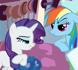 Size: 421x378 | Tagged: safe, screencap, rainbow dash, rarity, g4, just for sidekicks, dreamworks face, lidded eyes, out of context