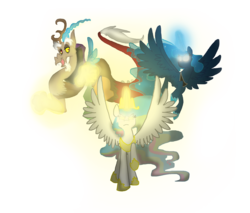 Size: 1229x1045 | Tagged: safe, artist:frankilew, discord, princess celestia, princess luna, alicorn, draconequus, pony, g4, glowing eyes, simple background, spread wings, transparent background, trio, wings