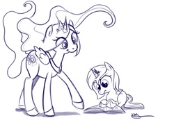 Size: 825x638 | Tagged: safe, artist:bunnimation, princess celestia, princess luna, g4, book, lineart, monochrome