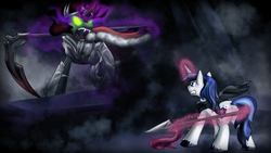 Size: 1920x1080 | Tagged: dead source, safe, artist:zedrin, king sombra, shining armor, pony, umbrum, g4, butt, fight, levitation, magic, male, plot, scythe, spear, stallion, telekinesis, weapon