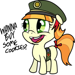 Size: 1670x1660 | Tagged: safe, artist:corwin, tag-a-long, pony, g4, cute, female, filly, filly guides, freckles, gap teeth, grin, hat, open mouth, smiling, solo, tail bow, thin mint