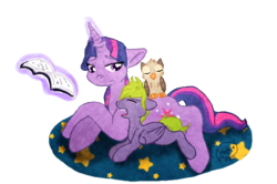 Size: 631x418 | Tagged: safe, artist:flow3r-child, owlowiscious, spike, twilight sparkle, bird, owl, pony, unicorn, g4, book, female, magic, mama twilight, mare, ponified, simple background, species swap, transparent background, unicorn twilight