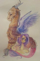 Size: 528x811 | Tagged: safe, artist:busoni, discord, fluttershy, draconequus, pegasus, pony, g4, duo, painting, traditional art