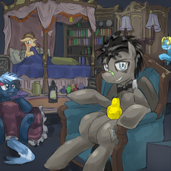 Size: 666x666 | Tagged: safe, artist:saturnspace, doctor whooves, perfect pace, star hunter, time turner, ask discorded whooves, g4, blushing, crying, discord whooves, discorded, jack harkness, looking at you, pear, sitting
