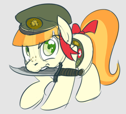 Size: 1072x970 | Tagged: safe, artist:derkrazykraut, tag-a-long, g4, just for sidekicks, green beret, knife, solo, thin mint