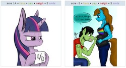 Size: 525x281 | Tagged: safe, twilight sparkle, oc, anthro, g4, exploitable meme, juxtaposition, juxtaposition win, score