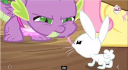 Size: 856x469 | Tagged: safe, screencap, angel bunny, spike, g4, youtube caption