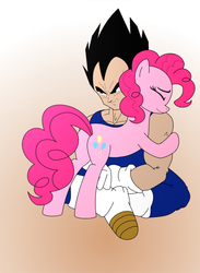 Size: 1095x1500 | Tagged: safe, artist:the-bitterman, pinkie pie, earth pony, humanoid, pony, saiyan, g4, butt, crossover, dragon ball, dragon ball z, duo, female, hug, mare, plot, vegeta