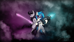 Size: 1920x1080 | Tagged: safe, artist:zedrin, dj pon-3, octavia melody, vinyl scratch, g4