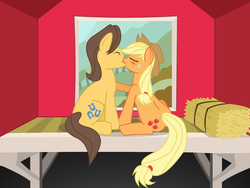 Size: 1024x768 | Tagged: safe, artist:ponyzen, applejack, caramel, earth pony, pony, g4, female, kissing, male, mare, ship:carajack, shipping, stallion, straight