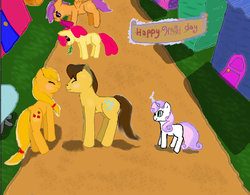 Size: 900x703 | Tagged: safe, artist:fuzzybutts108, apple bloom, applejack, caramel, scootaloo, sweetie belle, g4, ms paint, ship:carajack, shipping