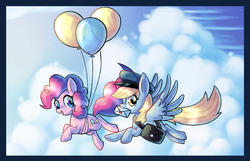 Size: 1078x693 | Tagged: safe, artist:astrofiziks, derpy hooves, pinkie pie, pegasus, pony, g4, balloon, cloud, cloudy, female, flying, hat, mail, mare, mouth hold, pixiv, saddle bag, sky, then watch her balloons lift her up to the sky