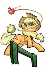 Size: 685x1040 | Tagged: safe, artist:tempest, applejack, earth pony, pony, g4, apple, female, jumping, mouth hold, obligatory apple, pixiv, rope trick, simple background, solo