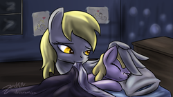 Size: 1920x1080 | Tagged: safe, artist:zedrin, derpy hooves, dinky hooves, pegasus, pony, g4, bed, equestria's best mother, female, mare, sleeping, tucking in