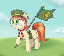 Size: 975x867 | Tagged: safe, artist:yeendip, tag-a-long, earth pony, pony, g4, female, filly, filly guides, flag, smiling, solo, thin mint