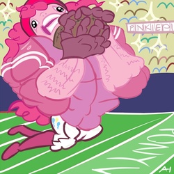 Size: 750x750 | Tagged: safe, artist:chiapetofdoom, pinkie pie, earth pony, anthro, g4, american football, hideous, muscles, overdeveloped muscles, solo, sports, wat