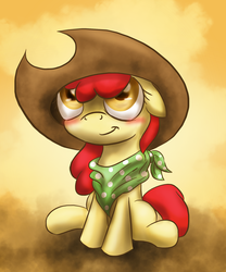 Size: 1600x1920 | Tagged: safe, artist:zedrin, apple bloom, g4, accessory swap, applejack's hat, bandana, blushing, cowboy hat, full body, hat, sitting, solo