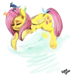 Size: 936x1000 | Tagged: safe, artist:kevinsano, fluttershy, bird, pony, g4, cloud, cloudy, female, solo