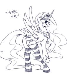 Size: 600x659 | Tagged: safe, artist:kolshica, princess celestia, pony, g4, butt, clothes, female, japanese, monochrome, pixiv, plot, simple background, socks, solo, stockings, striped socks