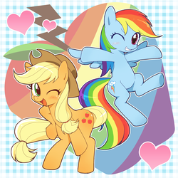 Size: 750x750 | Tagged: dead source, safe, artist:azuharu, applejack, rainbow dash, earth pony, pegasus, pony, g4, apple, applejack's hat, blushing, cowboy hat, duo, duo female, female, food, freckles, hat, heart, lesbian, looking at you, mare, one eye closed, open mouth, open smile, pixiv, ship:appledash, shipping, smiling, smiling at you, wink, winking at you, zap apple