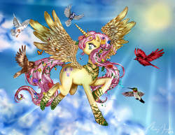 Size: 1166x900 | Tagged: safe, artist:missyasylum, fluttershy, alicorn, bird, butterfly, hummingbird, pony, g4, alicornified, fluttercorn, race swap