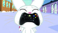 Size: 1024x576 | Tagged: safe, angel bunny, g4, just for sidekicks, controller, open mouth, train station, xbox 360