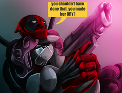 Size: 1024x778 | Tagged: safe, artist:brokencreation, pinkie pie, g4, crossover, crying, deadpool, deadpool is best pony, dialogue, gun, speech bubble, weapon