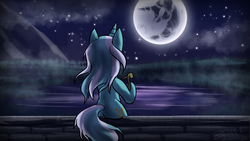 Size: 1024x576 | Tagged: safe, artist:zedrin, lyra heartstrings, pony, g4, bridge, butt, female, lyre, mare in the moon, moon, night, plot, pond, rear view, solo, water