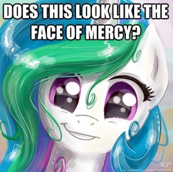 Size: 535x532 | Tagged: safe, artist:kp-shadowsquirrel, princess celestia, pony, g4, :t, caption, cute, cutelestia, face of mercy, female, grin, happy, image macro, looking at you, smiling, solo