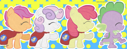 Size: 960x377 | Tagged: safe, artist:irunekagi, apple bloom, scootaloo, spike, sweetie belle, dragon, earth pony, pegasus, pony, unicorn, g4, cape, clothes, cmc cape, crusadespike, cute, cutie mark crusaders, eyes closed, female, filly, line, male, marching, ship:scootaspike, ship:spikebelle, ship:spikebloom, shipping, straight, they grow up so fast