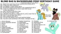 Size: 1800x1000 | Tagged: safe, amethyst star, barber groomsby, berry punch, berryshine, blues, bon bon, breezie (g3), bumblesweet, caramel, carrot top, chance-a-lot, cherry berry, cherry fizzy, derpy hooves, diamond rose, dinky hooves, doctor whooves, firecracker burst, fizzypop, flitterheart, forsythia, golden harvest, goldengrape, lovestruck, lucky clover, lyra heartstrings, magnet bolt, meadow song, minuette, noteworthy, royal riff, ruby pinch, shady daze, sir colton vines iii, sparkler, sweetie drops, time turner, g4, background pony, birthday game, exploitable meme, meme, text