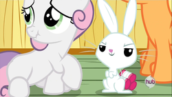 Size: 1366x768 | Tagged: safe, angel bunny, scootaloo, sweetie belle, g4, just for sidekicks, scrunchy face