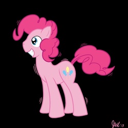 Size: 800x800 | Tagged: safe, artist:tamseph, pinkie pie, earth pony, pony, friendship is magic, g4, black background, bubble berry, grin, pink, rule 63, shaking, simple background, solo