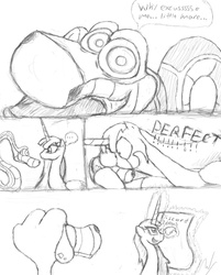 Size: 742x924 | Tagged: safe, artist:jockbock, discord, oc, oc:fausticorn, pony, snake, g4, comic, eyes, female, kaa, lauren faust, mare, monochrome, sketch, theory