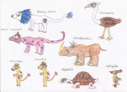 Size: 606x439 | Tagged: safe, artist:star dragon, cranky doodle donkey, flam, flim, gilda, pipsqueak, princess cadance, shining armor, spitfire, g4, animal, simple background, species swap, traditional art, white background