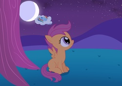 Size: 4244x3000 | Tagged: safe, artist:birdco, rainbow dash, scootaloo, pegasus, pony, g4, cloud, duo, female, filly, foal, folded wings, mare, moon, night, sleeping, small wings, stars, wings