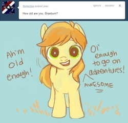Size: 500x482 | Tagged: safe, artist:nyonhyon, braeburn, earth pony, pony, g4, ask, colt, cute, looking at you, male, open mouth, smiling, solo, tumblr