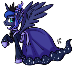 Size: 799x719 | Tagged: safe, artist:serenamidori, princess luna, pony, g4, alternate hairstyle, clothes, dress, female, raised hoof, simple background, solo