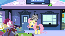 Size: 1280x720 | Tagged: safe, edit, edited screencap, screencap, fluttershy, pony, g4, just for sidekicks, crystal empire, deerstalker, detective, female, gem, hat, luggage, solo, suspicious, train station