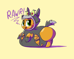 Size: 916x737 | Tagged: safe, artist:secretgoombaman12345, babs seed, earth pony, pony, g4, animal costume, ask, askfatbabsseed, belly, belly bed, big babs wolf, blob seed, clothes, costume, fat, impossibly large belly, obese, solo, tumblr, wolf costume