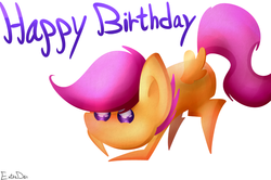 Size: 998x661 | Tagged: safe, artist:extradan, scootaloo, pony, g4, full body, happy birthday, mini scootaloo, pointy ponies, simple background, solo, white background