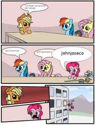 Size: 562x736 | Tagged: safe, applejack, fluttershy, pinkie pie, rainbow dash, g4, comic, defenestration, employer meme, exploitable meme